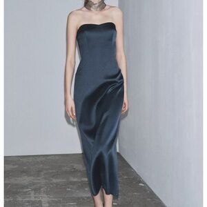Zara satin effect strapless dress in blue size S 1758/622/407
